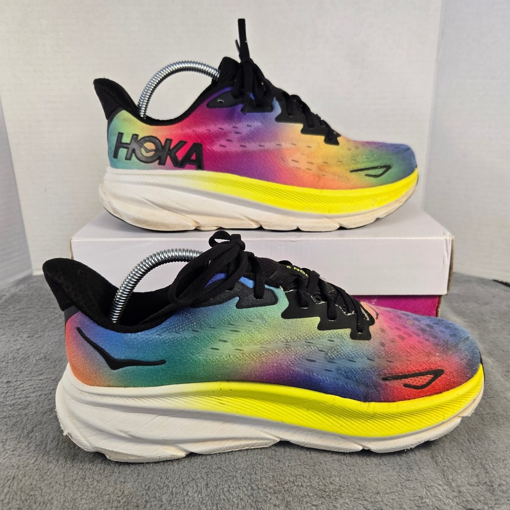 Hoka Clifton 9 Women 10B Running Shoes Black Multi Rainbow 1127896 BKML Tie Dye - Picture 2 of 10